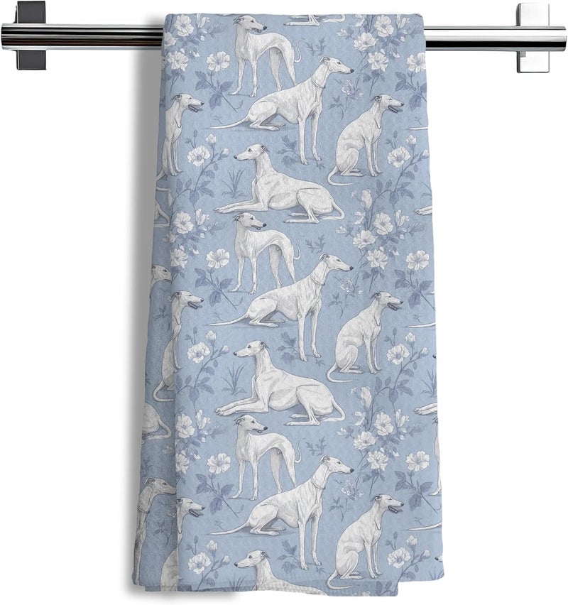 Nipil Greyhound Dog Gifts for Blue Chinoiserie Floral Decor Kitchen Towels，Blue and White Greyhound Dog Grandmillennial Decorative Dish Tea Towels for Kitchen Bathroom,16x24 Inch - Image 1